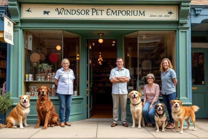 Windsor Pet Emporium storefront with team and pets