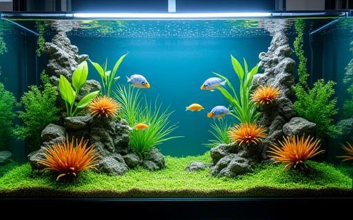 Aquarium display with tropical fish and plants